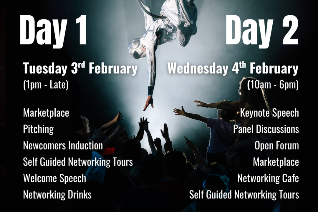 Conference Itinerary Day 1: Tuesday 3rd February (1pm - Late) Marketplace Pitching Newcomers Induction Self Guided Networking Tours Welcome Speech Networking Drinks Day 2: Wednesday 4th February (10am - 6pm) Keynote Speech Panel Discussions Open Forum Marketplace Networking Cafe Self Guided Networking Tours
